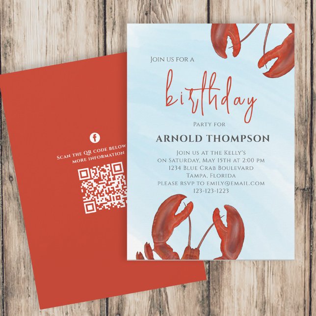 Convites Código QR de aniversário simples aquarela Red Lobs (Criador carregado)