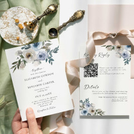 Convites Código QR de Aquarela Elegante Floral Azul para Ca
