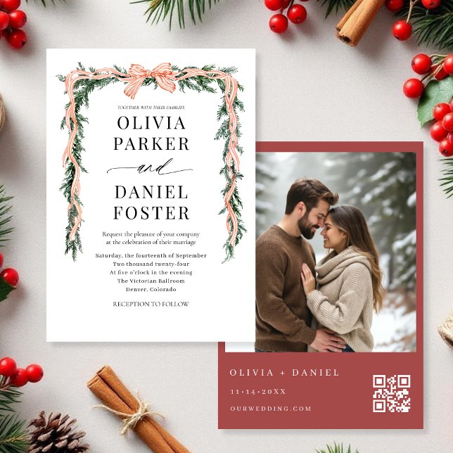 Convites Código QR de Aquarela Foto Laço Verde de Natal (Criador carregado)
