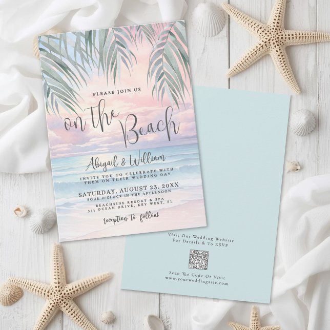 Convites Código QR de Aquarela no Casamento na Praia (Watercolor QR Code On The Beach Wedding Invitation)