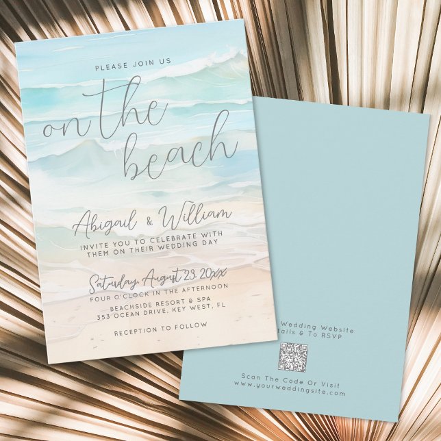 Convites Código QR de Aquarela no Casamento na Praia (Watercolor QR Code On The Beach Wedding Invitation)