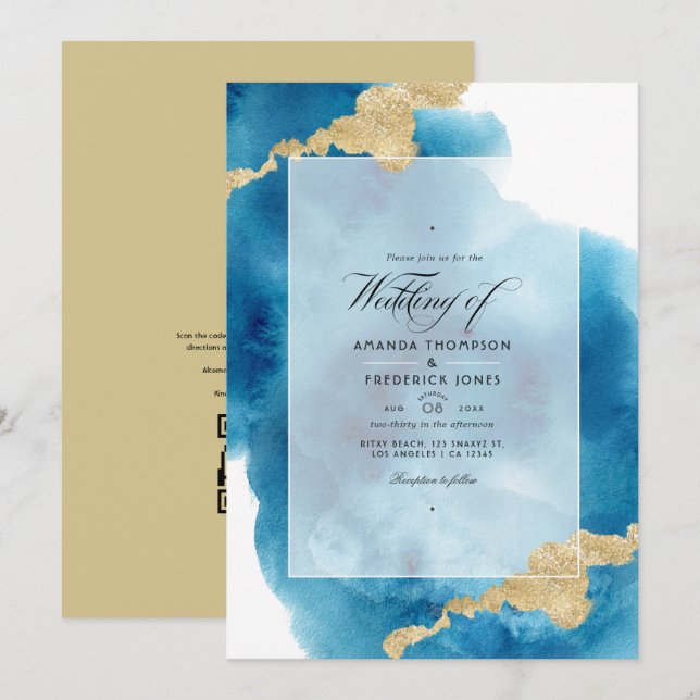 Convites Código QR de aquarela RSVP Casamento na Praia (Frente/Verso)
