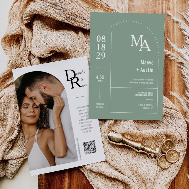 Convites Código QR de Arch Mínimo de Arco Boho Verde Sage S (Criador carregado)
