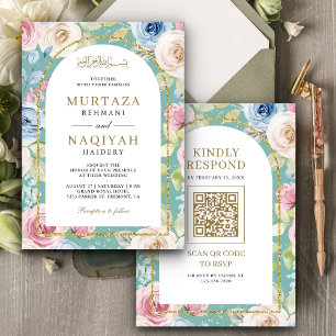 Convites Código QR de Arco Dourado Floral Suave Casamento M
