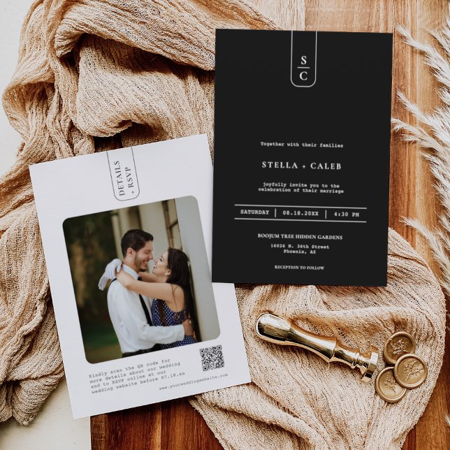 Convites Código QR de Arco Geométrico Mínimo Preto Simples (Criador carregado)