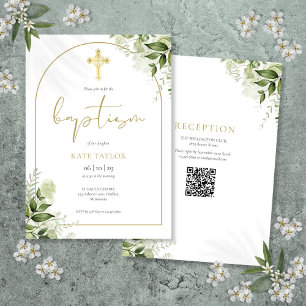 Convites Código QR de Batismo Floral Verde com Arco de Ouro