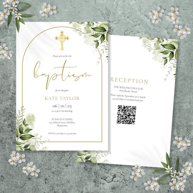 Convites Código QR de Batismo Floral Verde com Arco de Ouro (Elegant Gold Arch Greenery Floral Baptism QR Code Invitation)