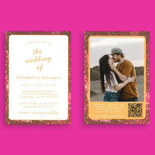 Convites Código QR de Bola de Disco Foto Casamento Laranja 
