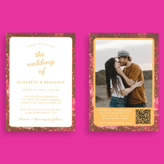 Convites Código QR de Bola de Disco Foto Casamento Laranja  (Front and Back)