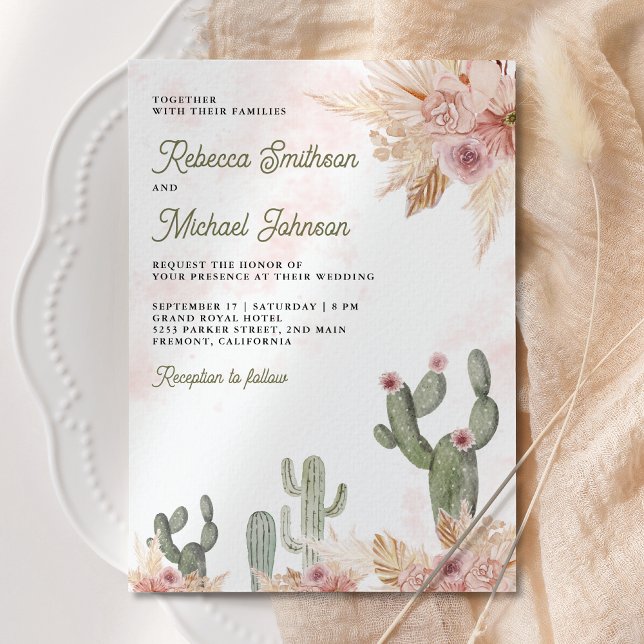 Convites Código QR de Cactus Pampas Floral Rosa Casamento F (Criador carregado)