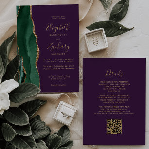 Convites Código QR de Casamento Ágata Dourada Esmeralda Ver