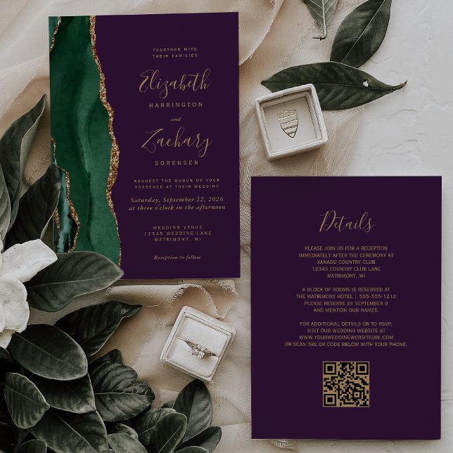 Convites Código QR de Casamento Ágata Dourada Esmeralda Ver (Criador carregado)