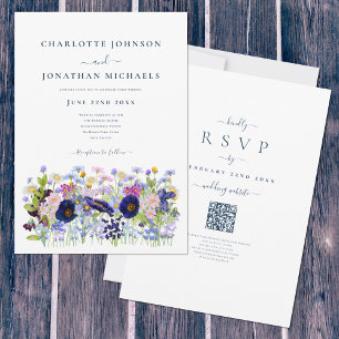 Convites Código QR de Casamento Azul Aquarela Flor Silvestr