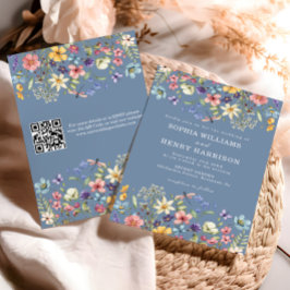 Convites Código QR de Casamento Azul-Chic Rustic Rustic