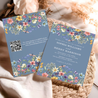 Convites Código QR de Casamento Azul-Chic Rustic Rustic