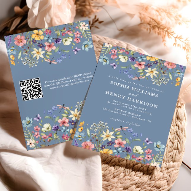 Convites Código QR de Casamento Azul-Chic Rustic Rustic (Criador carregado)