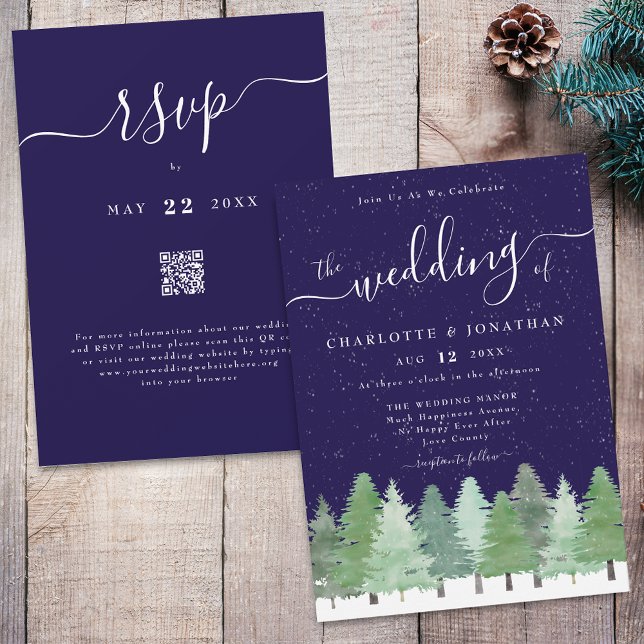 Convites Código Qr de Casamento Azul de Marinho da Floresta (Winter Woodland forest watercolor navy blue and white wedding qr code invitation elegant script )