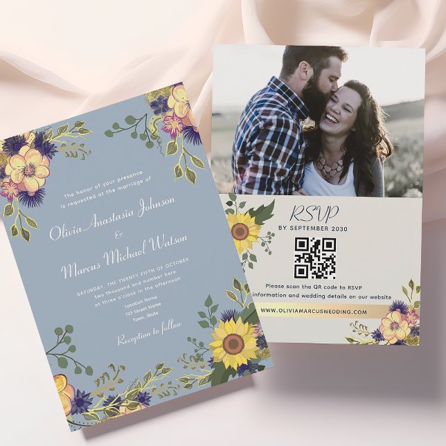 Convites Código QR de Casamento Azul de Sunflower Dusty (Criador carregado)