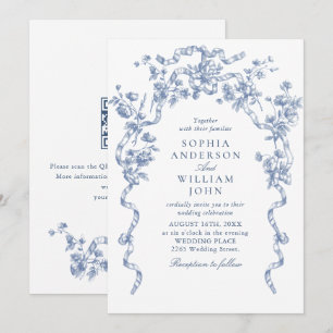 Convites Código QR de casamento azul empoeirado floral orna