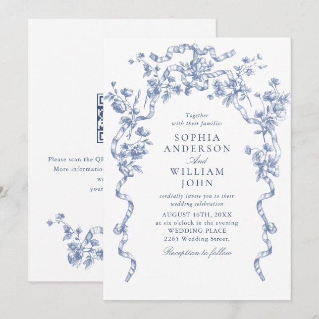 Convites Código QR de casamento azul empoeirado floral orna (Frente/Verso)