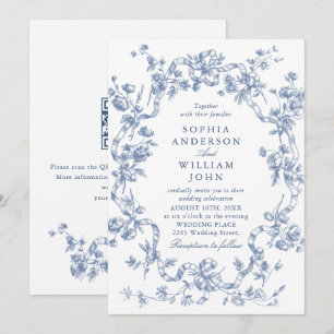 Convites Código QR de casamento azul empoeirado floral orna