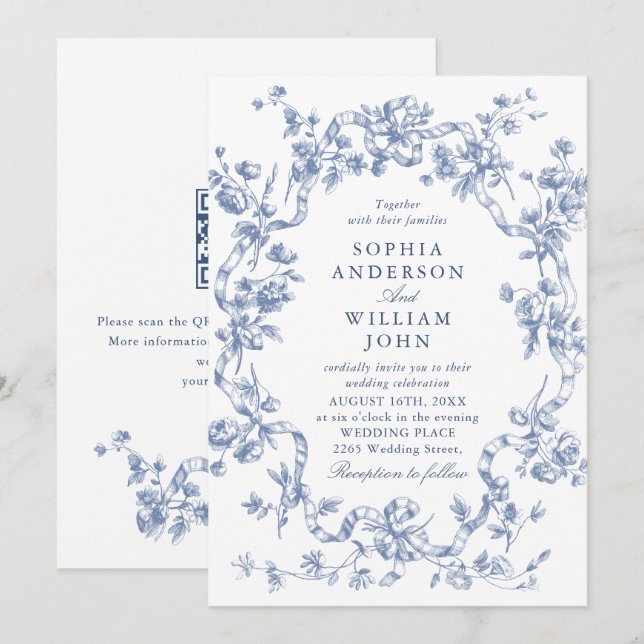 Convites Código QR de casamento azul empoeirado floral orna (Frente/Verso)