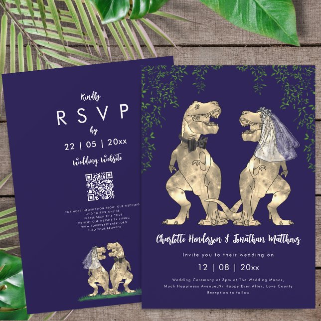 Convites Código QR de casamento azul marinho com tema de di (T-Rex bride and groom dinosaur wedding rsvp qr code navy blue Invitation)