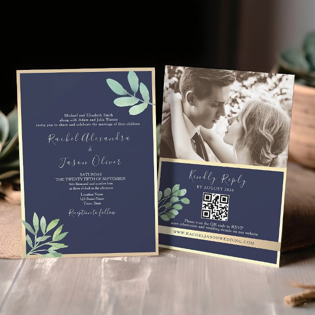 Convites Código QR de Casamento Azul Naval Botânico (Criador carregado)