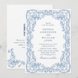 Convites Código QR de casamento azul poeira ornamentado ren