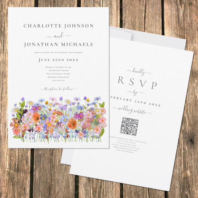 Convites Código QR de Casamento Boho de Flor Silvestre Colo (Boho wildflower meadow colorful watercolor wedding invitation with elegant typography script )