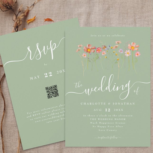 Convites Código QR de casamento Boho Flor Silvestre Outono  (Boho fall Wildflower floral sage green Wedding qr code invitation Whimsical elegant modern script)