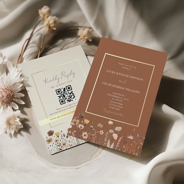 Convites Código QR de Casamento Boho Terracotta (Criador carregado)