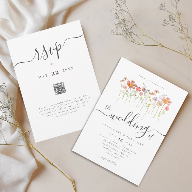 Convites Código QR de casamento Boho Wildflower (Colorful wildflower boho wedding qr code invitation Whimsical elegant script watercolor meadow)