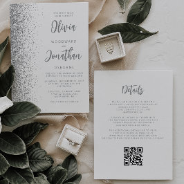 Convites Código QR de Casamento Branco com Brilho Prateado