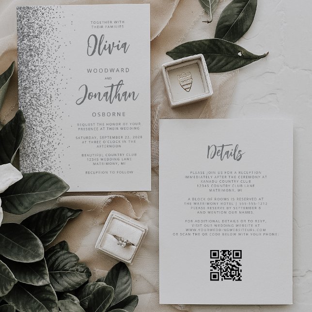 Convites Código QR de Casamento Branco com Brilho Prateado  (Criador carregado)