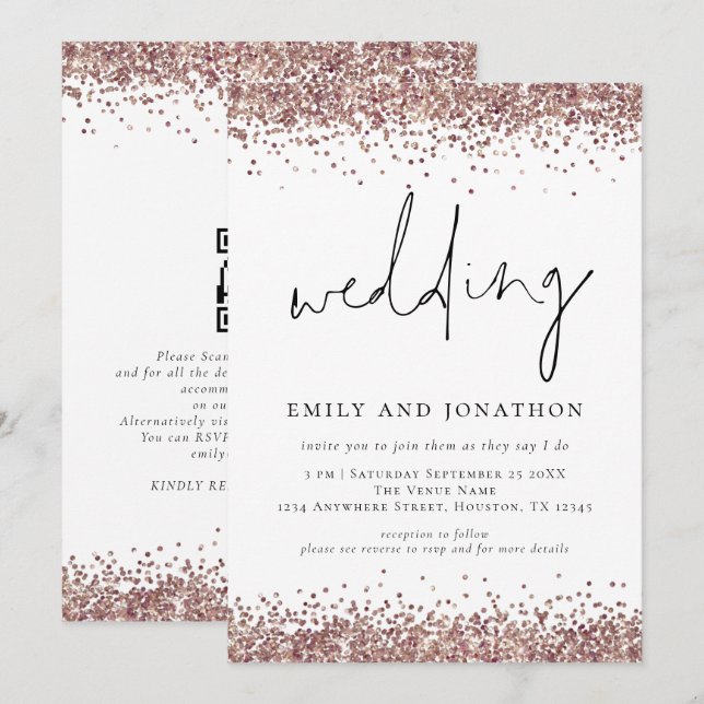 Convites Código QR de casamento brilhante em rosa dourado n (Frente/Verso)