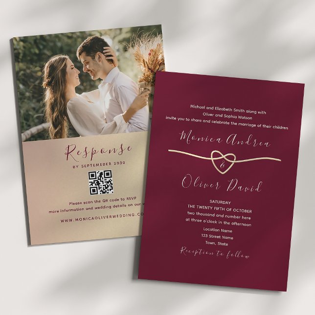 Convites Código QR de Casamento Burgundy Chic Romântico (Criador carregado)