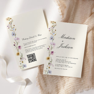 Convites Código QR de Casamento Caligrafia Flores Silvestre
