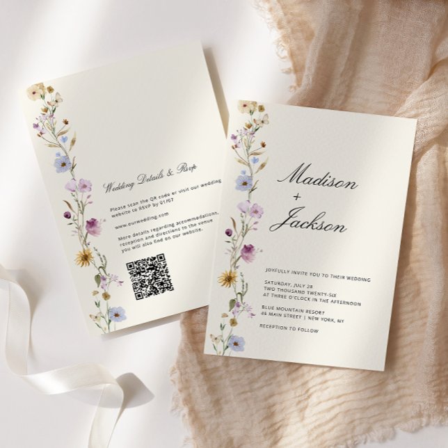 Convites Código QR de Casamento Caligrafia Flores Silvestre (Criador carregado)
