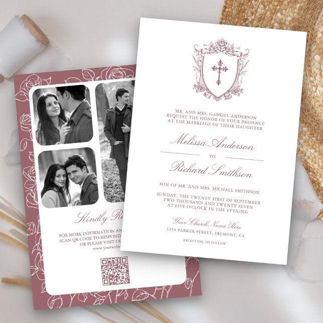 Convites Código QR de Casamento Católico Rosa Empoeirado Vi (Criador carregado)