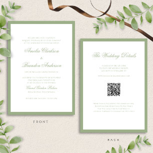 Convites Código QR de Casamento Clássico Verde e Branco Sag