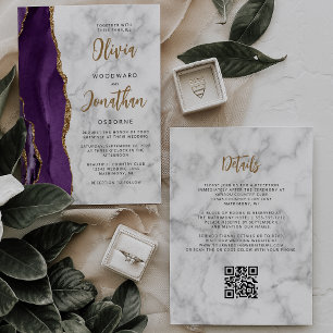 Convites Código QR de Casamento com Ágata em Mármore Dourad
