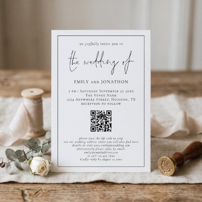 Convites Código QR de Casamento com Borda de Linha de Rotei (Criador carregado)