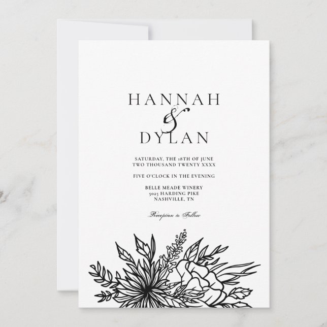 Convites Código QR de Casamento com Bouquet Botânico Desenh (Frente)