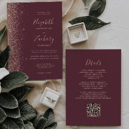 Convites Código QR de casamento com brilho em ouro rosa Bor