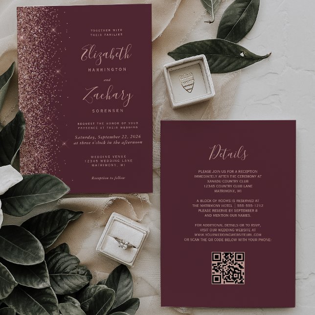 Convites Código QR de casamento com brilho em ouro rosa Bor (Criador carregado)