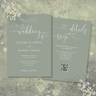 Convites Código QR de Casamento com Coração em Verde Salvia