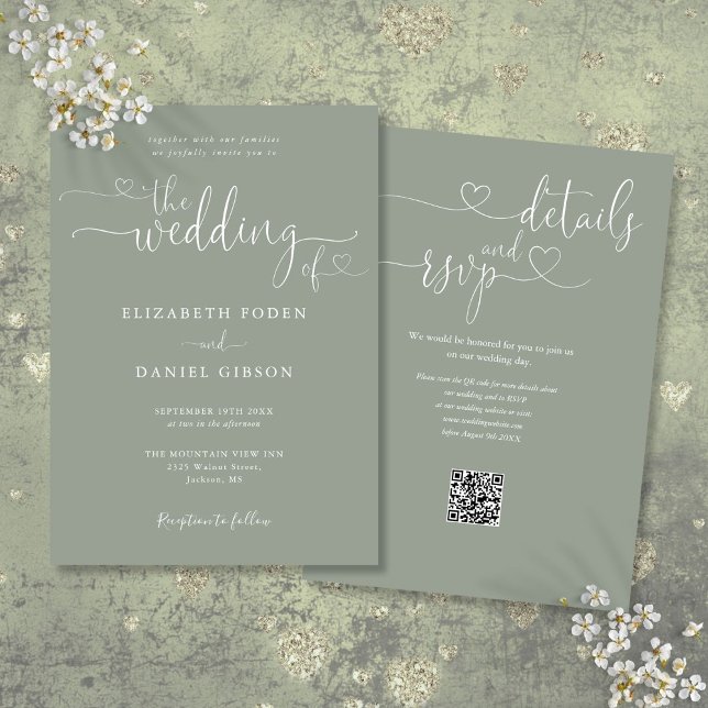 Convites Código QR de Casamento com Coração em Verde Salvia (Sage Green Heart Script QR Code Wedding Invitation)