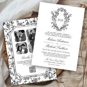 Convites Código QR de casamento com crista em Chinoiserie p