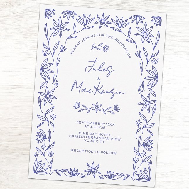 Convites Código QR de Casamento com Flor Silvestre Azul do  (Mediterranean floral blue and white QR code wedding invitaiton)